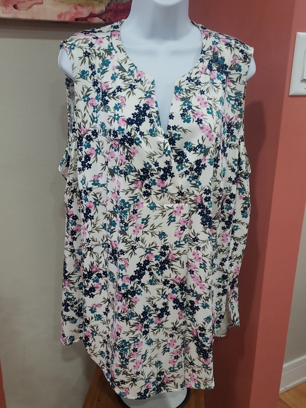 Fever, Floral Cold-Shoulder Blouse - Cream with Pink & Navy, 2X